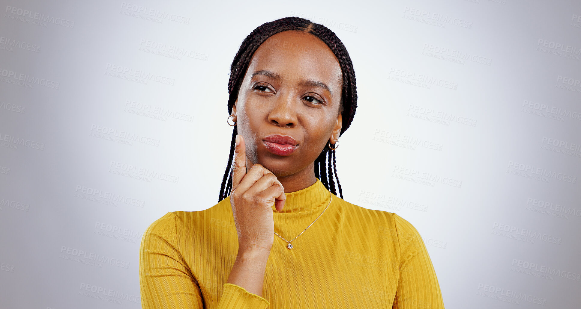 Buy stock photo Thinking, confused and black woman in studio with brainstorming emoji on grey background. Idea, doubt and African female model with why, questions or problem solving, solution or remember gesture