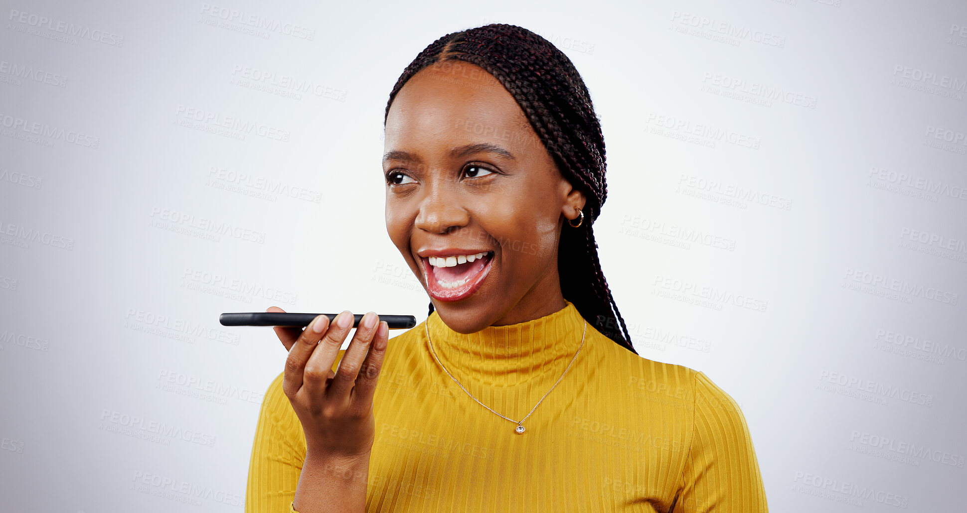 Buy stock photo Phone call, loudspeaker or black woman in studio for talking, gossip or chat on grey background. Voice app, thinking or happy person in conversation or speaking of good news, feedback or networking