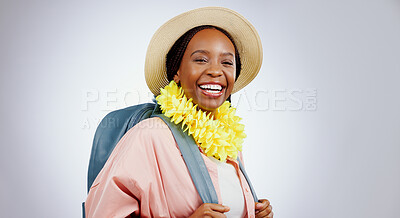 Buy stock photo Travel, backpack and portrait of black woman in studio with adventure, freedom and vacation on grey background. Smile, face and excited African female model having fun on tour or holiday in Hawaii