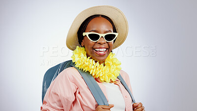 Portrait, glasses and black woman with vacation, travel and happiness on a white studio background. Face, African person and model with eyewear, hat and backpack with holiday, weekend trip or getaway