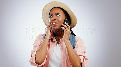 Phone call, travel and black woman with stress, surprise and shocked on a grey studio background. African person, tourism and model with a smartphone, listening and news with reaction and frustrated