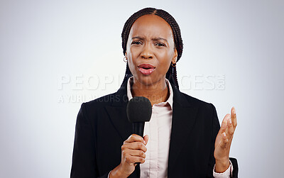 Buy stock photo Portrait, news and broadcast with black woman, microphone and journalist on a white studio background. Face, African person and model with interview, reporting and questions with speech and feedback