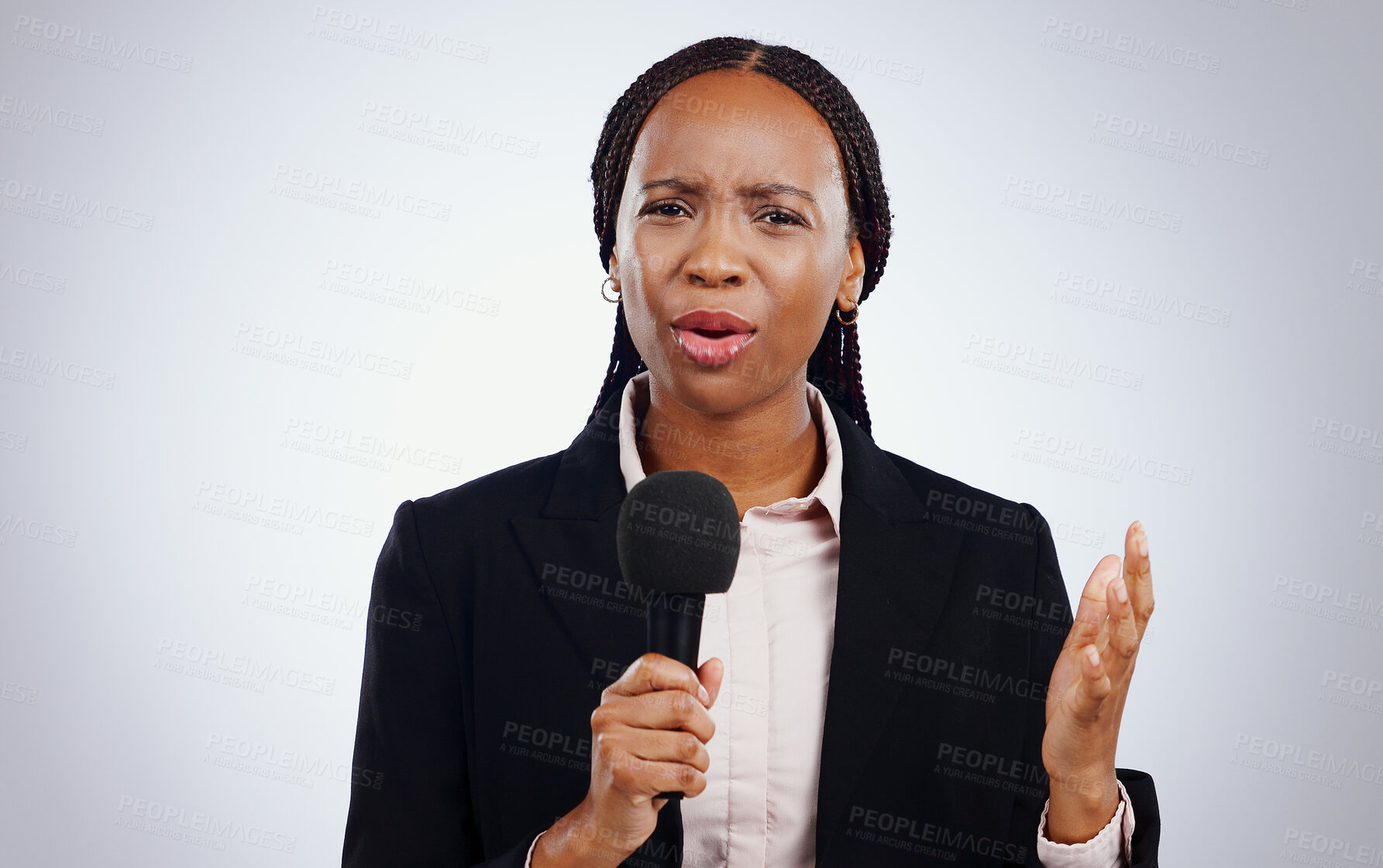 Buy stock photo Portrait, news and broadcast with black woman, microphone and journalist on a white studio background. Face, African person and model with interview, reporting and questions with speech and feedback