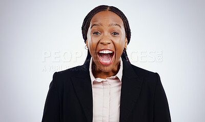 Buy stock photo Happy, wow and portrait of black woman in studio with news, announcement or deal on grey background. Business, success and face of female entrepreneur with feedback, review or startup loan approval