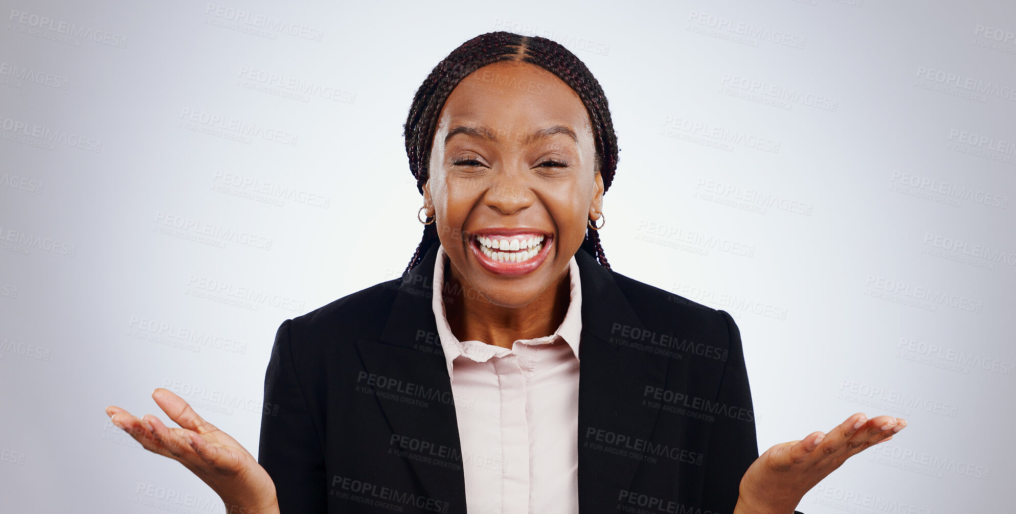 Buy stock photo Excited, studio and portrait of business woman with good news, announcement and surprise. Wow, shocked and face of professional worker smile for bonus, promotion and success on gray background 