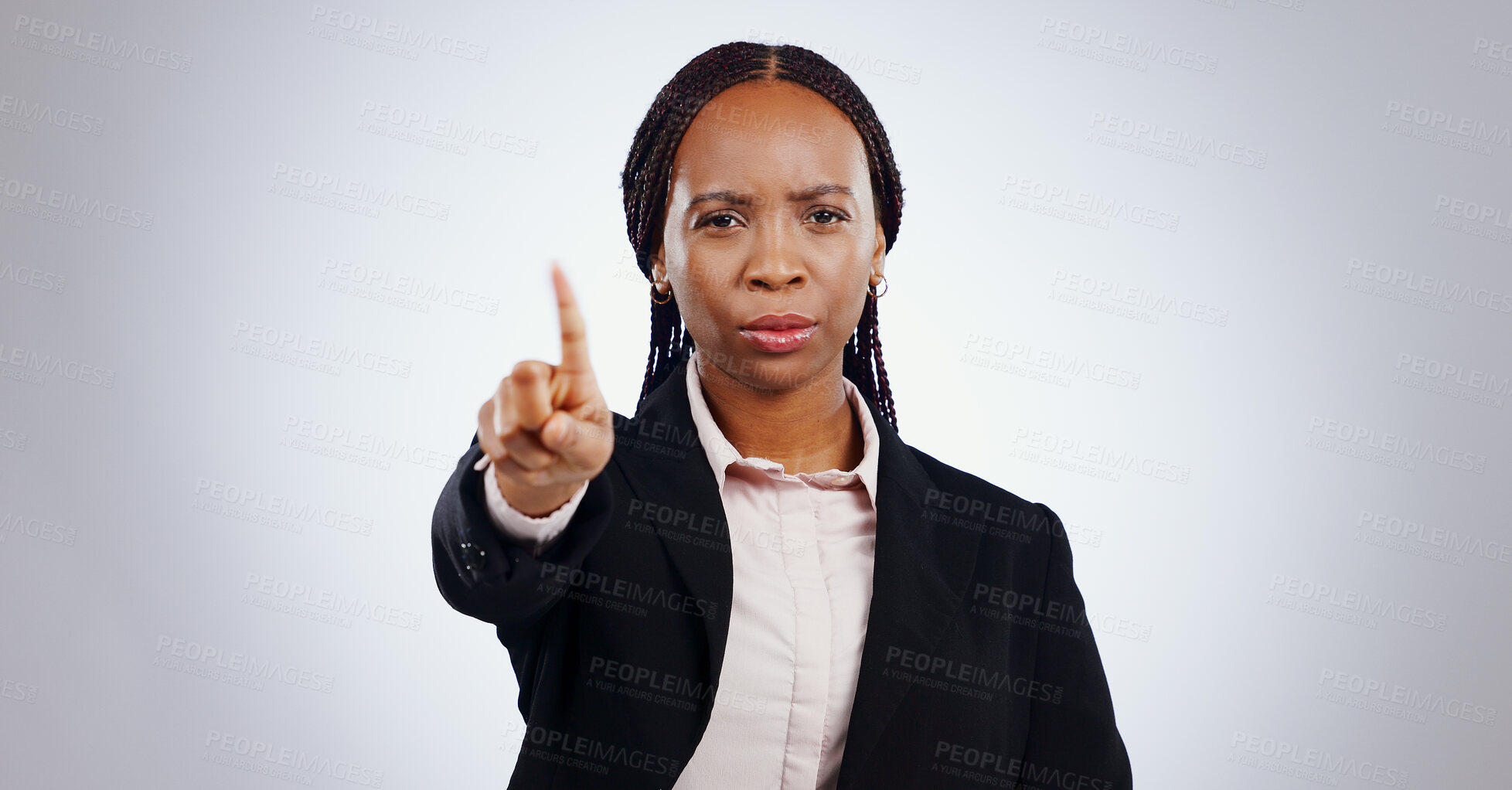 Buy stock photo Stop, finger and portrait of business woman in studio with warning, no or limit on grey background. Protest, palm and face of lawyer with emoji vote, threat or control order, security or not allowed
