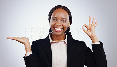 Buy stock photo Space, portrait or black woman with perfect hand sign for support, agreement or feedback. Studio, happy or business person on grey background with smile or okay gesture for approval, like or yes