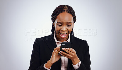 Buy stock photo Business woman, reading phone and wow for news, email or notification of investment or bonus on a white background. African person in surprise, excited and shocked on mobile for opportunity in studio