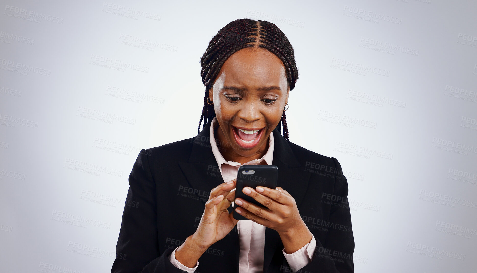 Buy stock photo Business woman, reading phone and wow for news, email or notification of investment or bonus on a white background. African person in surprise, excited and shocked on mobile for opportunity in studio