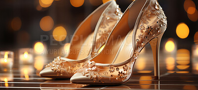 Wedding fashion, high heels and shoes for woman. Bridal stiletto on table. Close-up, cosmetic and beautiful on background.