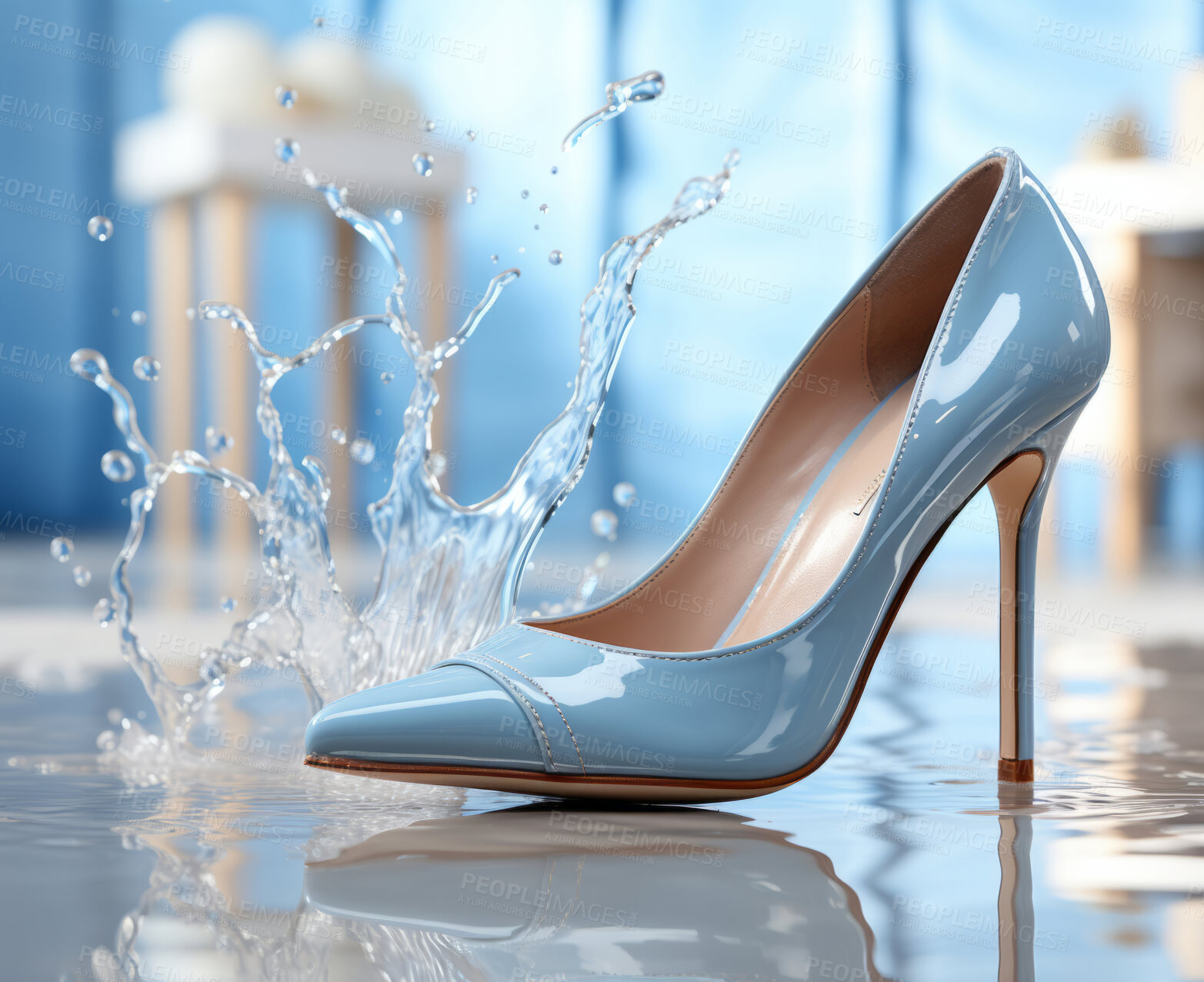 Buy stock photo Modern fashion, high heels and shoes for woman. Ai generated stylish stiletto with water splash.  Close-up, cosmetic and beautiful concept.