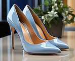 Modern fashion, high heels and shoes for woman. Ai generated stylish stiletto on shop counter. Close-up, cosmetic and beautiful on background.