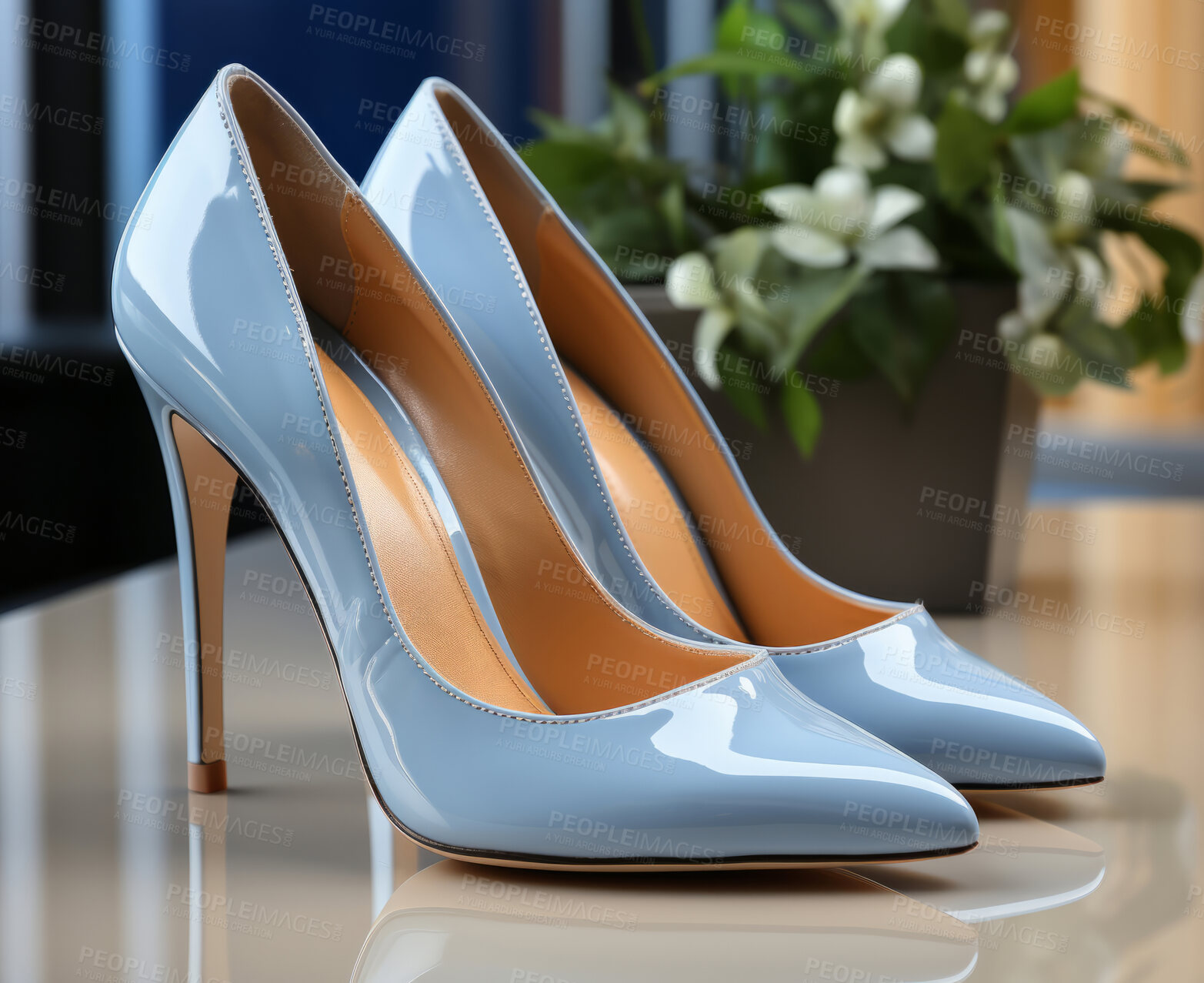 Buy stock photo Modern fashion, high heels and shoes for woman. Ai generated stylish stiletto on shop counter. Close-up, cosmetic and beautiful on background.
