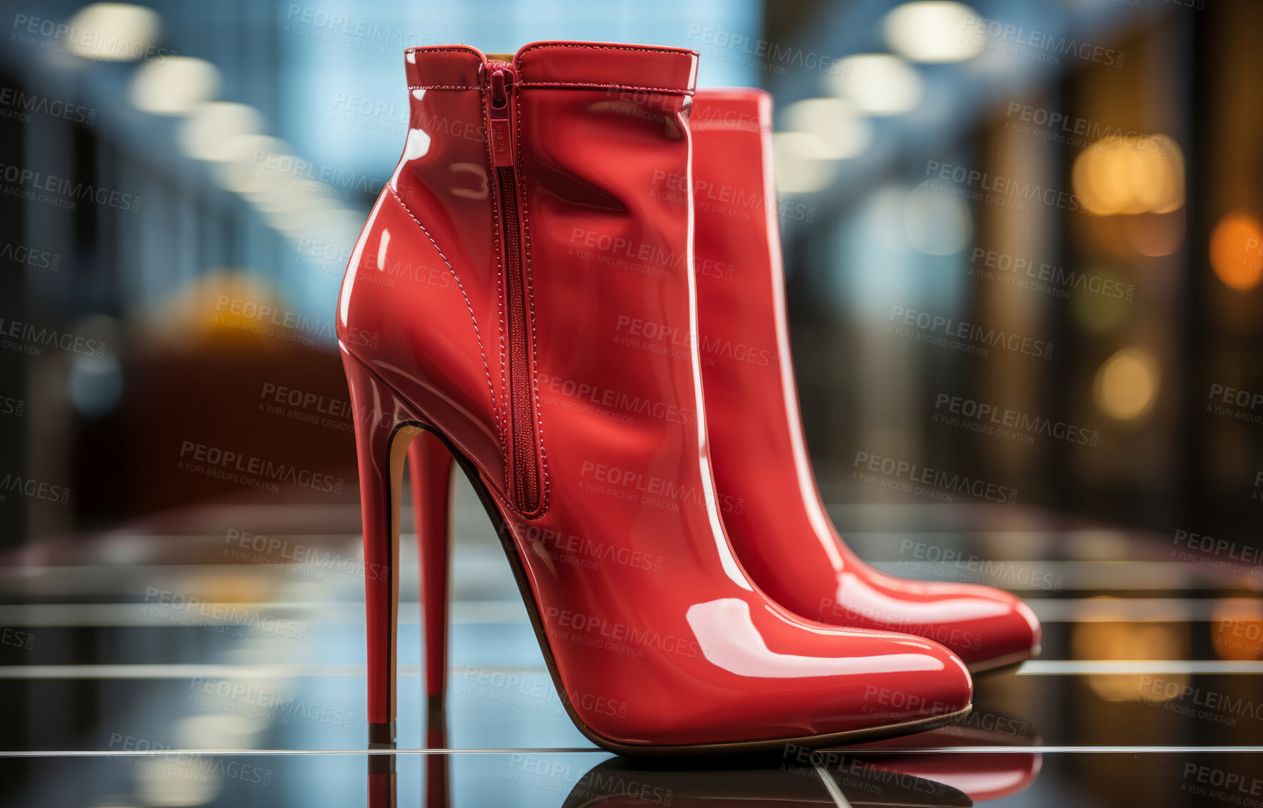 Buy stock photo Modern fashion, high heels and boots for woman. Ai generated stylish shoes in shopping mall. Modern fashion, high heels and Confidence. Cosmetic beautiful on background.