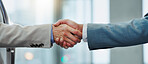 Business people, support and shaking hands for agreement, meeting and b2b deal for success, welcome and reward. Closeup, handshake and introduction of partnership, integration and recruitment offer 
