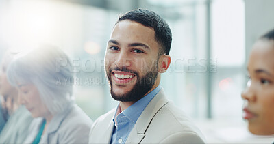 Happy businessman, portrait and team workshop for career ambition, staff training or seminar at office. Face of man or business employee smile in group conference, onboarding or meeting at workplace