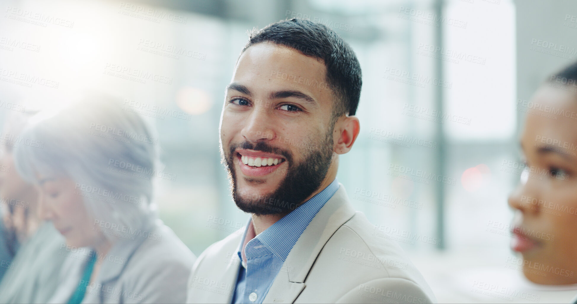 Buy stock photo Happy businessman, portrait and team workshop for career ambition, staff training or seminar at office. Face of man or business employee smile in group conference, onboarding or meeting at workplace