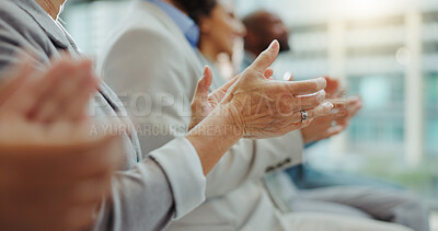 Celebration, business people hands and clapping at a conference with teamwork and audience in office. Cheer, staff and achievement with professional team at a seminar with workforce and agreement