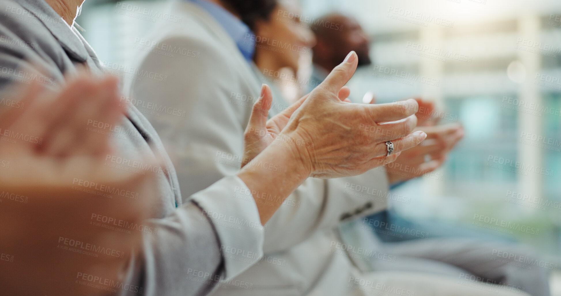 Buy stock photo Celebration, business people hands and clapping at a conference with teamwork and audience in office. Cheer, staff and achievement with professional team at a seminar with workforce and agreement