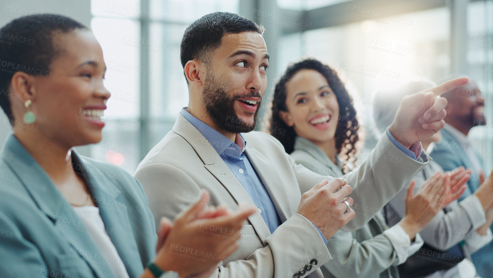 Buy stock photo Clapping, business people and happy at a conference with teamwork and motivation in office. Discussion, staff cheer and collaboration with professional team at a seminar with workforce and solidarity