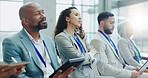 Business people, diversity and meeting in team seminar, workshop or conference at office. Group of employees or audience listening to speech in staff training, presentation or convention at workplace