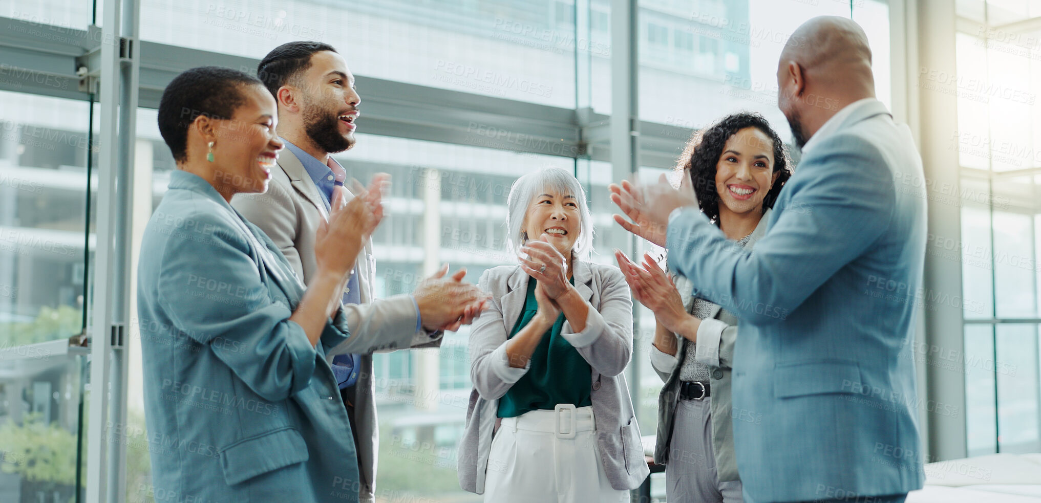 Buy stock photo Happy business people, meeting and applause in teamwork for promotion, winning or success at office. Group of employees smile clapping in team achievement, corporate growth or motivation at workplace