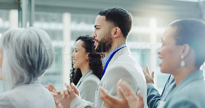 Business people, motivation and applause at conference, workshop or convention with work audience. Crowd, employees and company workers with clapping for achievement of group for presentation