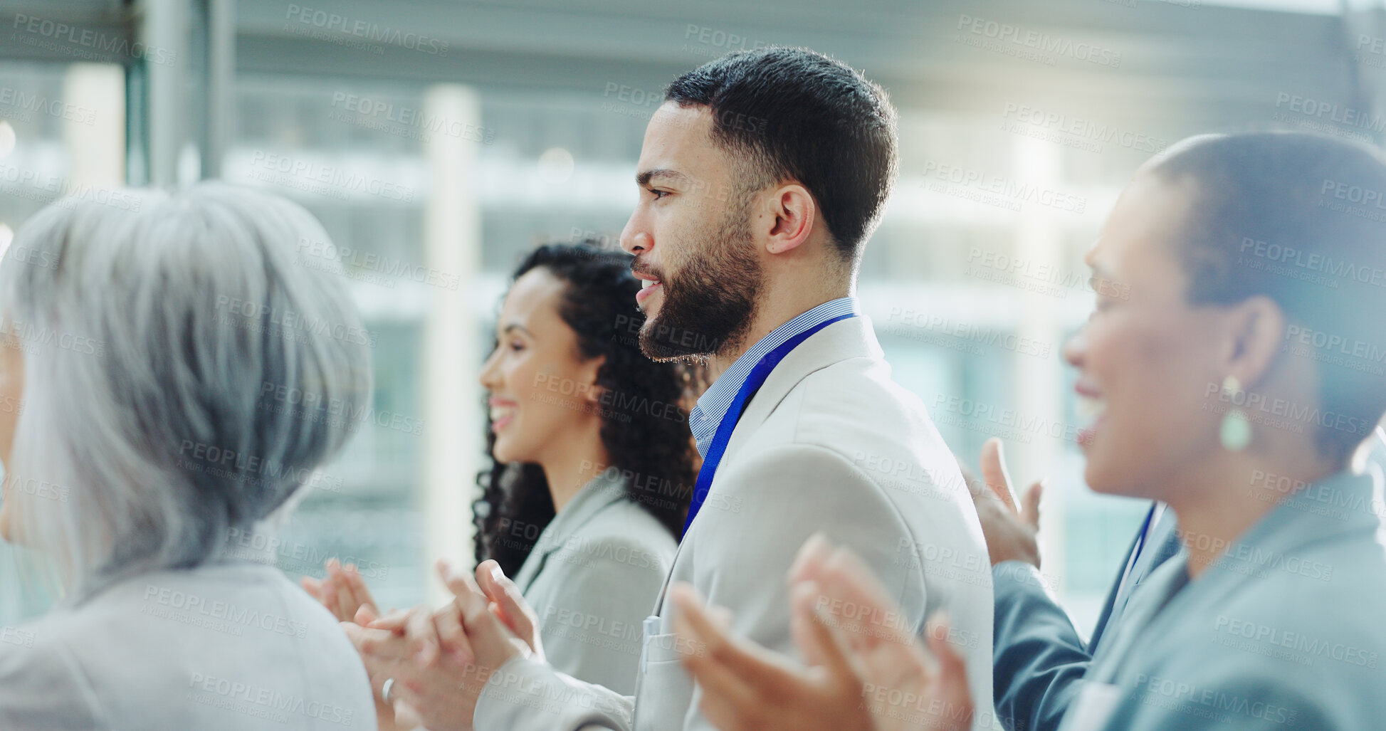 Buy stock photo Business people, motivation and applause at conference, workshop or convention with work audience. Crowd, employees and company workers with clapping for achievement of group for presentation