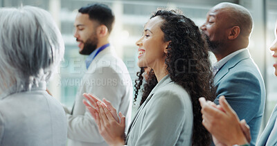 Celebration, business woman and clapping at a conference with teamwork and motivation in office. Discussion, staff and collaboration with professional team at a seminar with workforce and achievement