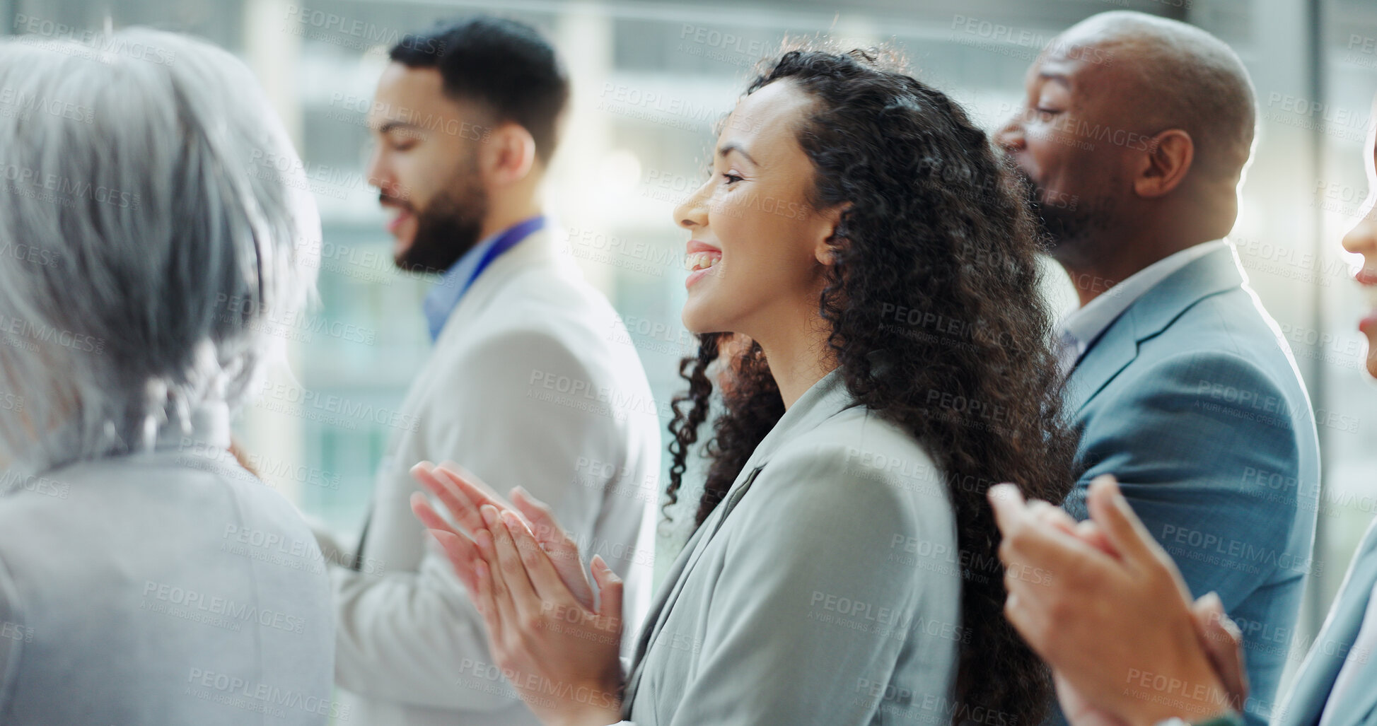 Buy stock photo Celebration, business woman and clapping at a conference with teamwork and motivation in office. Discussion, staff and collaboration with professional team at a seminar with workforce and achievement