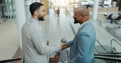 Buy stock photo Happy businessman, handshake and meeting on escalator for partnership, b2b or deal at airport. Business people shaking hands with smile for travel, teamwork or agreement together on moving staircase