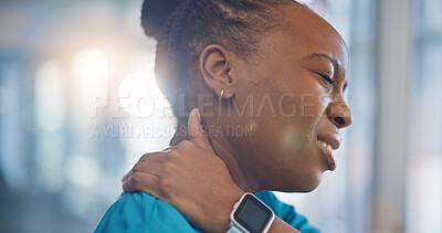Black woman, nurse and neck pain, stress and injury with fibromyalgia, overworked and burnout at hospital. Fail, mistake and medical worker with health crisis, massage muscle with tension and fatigue