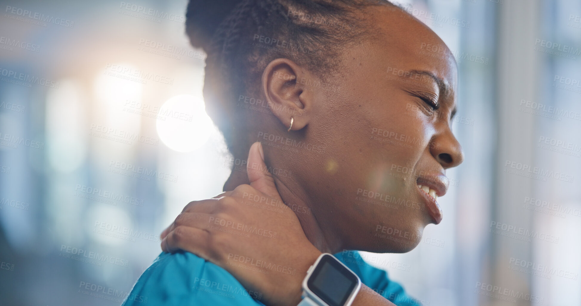 Buy stock photo Black woman, nurse and neck pain, stress and injury with fibromyalgia, overworked and burnout at hospital. Fail, mistake and medical worker with health crisis, massage muscle with tension and fatigue