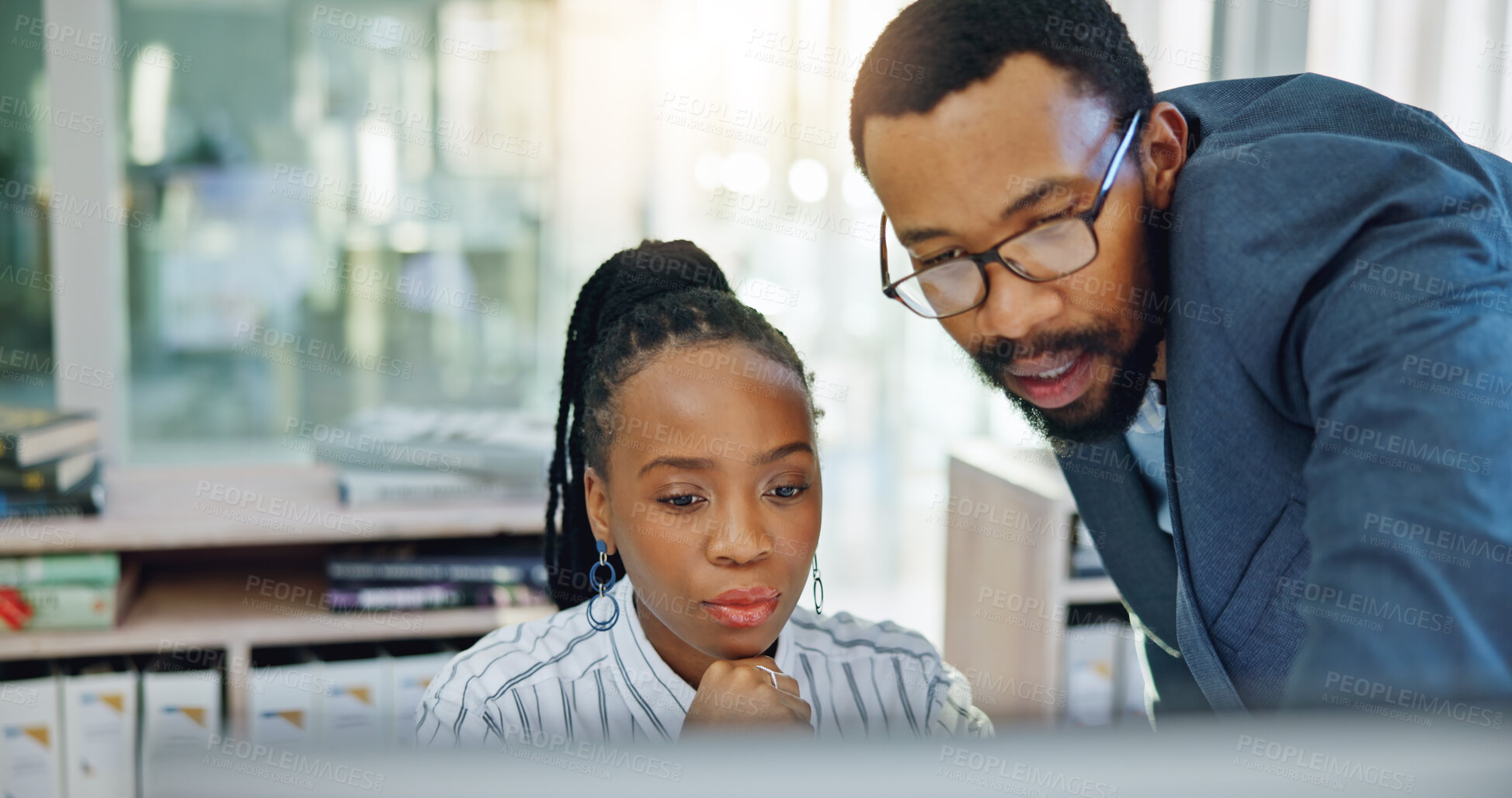Buy stock photo Computer, black woman and manager training or coaching employee and helping with project, work or collaboration in Nigeria. Mentor, corporate intern and talking about a question, error or pc learning