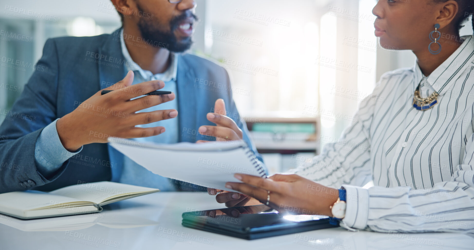 Buy stock photo Business people, hands and discussion with paperwork in office for planning ideas, project collaboration and feedback for advice. Man, woman and team in conversation for brainstorming with documents