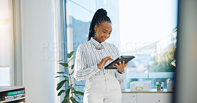 Business woman, tablet and internet in office for communication, creative design or chat. African entrepreneur person with technology for networking, online planning or email and social media