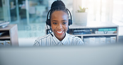 Buy stock photo Black woman, call center and consulting on headphones in customer support, service or telemarketing at office. African female person, consultant or agent talking in online advice or help at workplace