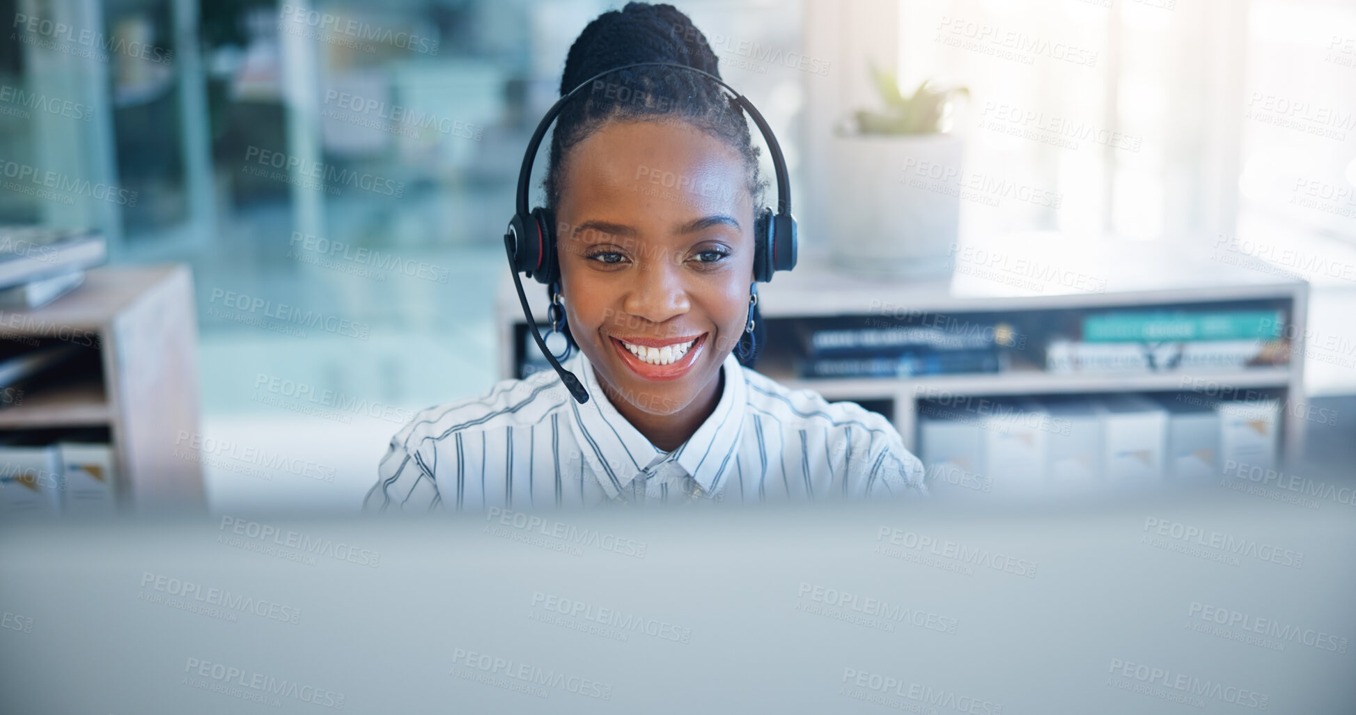 Buy stock photo Black woman, call center and consulting on headphones in customer support, service or telemarketing at office. African female person, consultant or agent talking in online advice or help at workplace