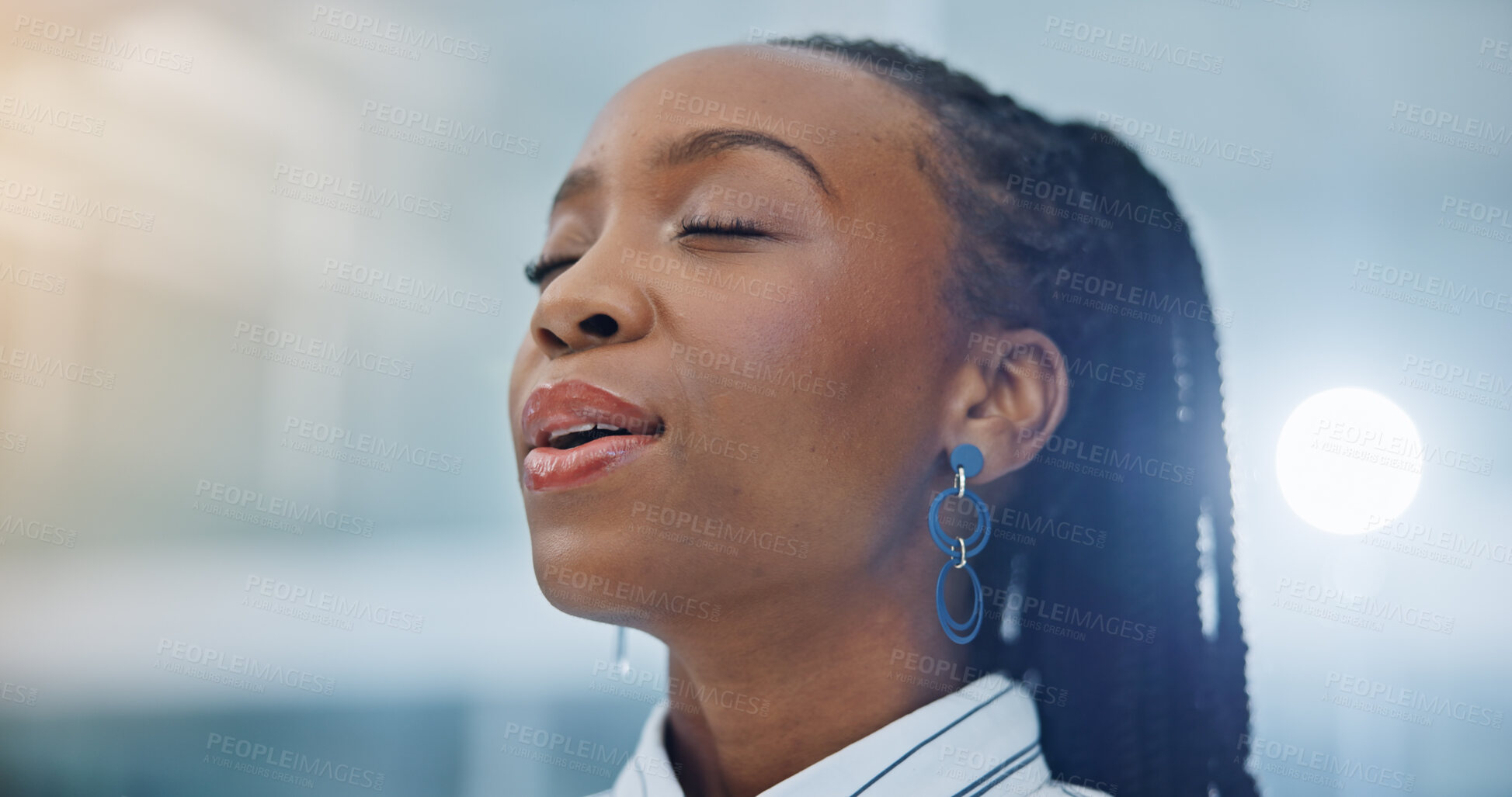 Buy stock photo Black woman, breathing and meditation, Businesswoman in a office with zen and calm, healthcare and wellness. Face, peace of mind and mental health, healing and holistic