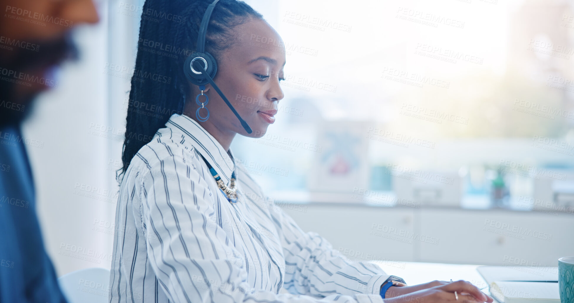 Buy stock photo Black woman, call center and drinking coffee in customer service, support or telemarketing at the office. African female person, consultant or agent enjoying hot beverage in contact us at workplace