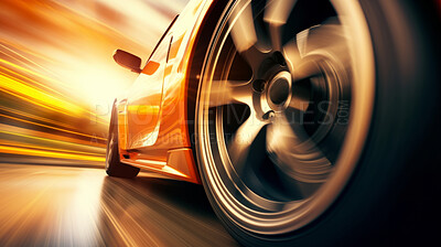 Vehicle speeding, tire and motion blur for professional, driver and owner on road. Test, speed, and fast car automobile for dealership, mechanic or professional racing competition