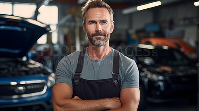 Professional portrait, mechanic or man with arms crossed in engineer or garage workshop. Confident, male or smiling for car service repair and engineer and automobile industry
