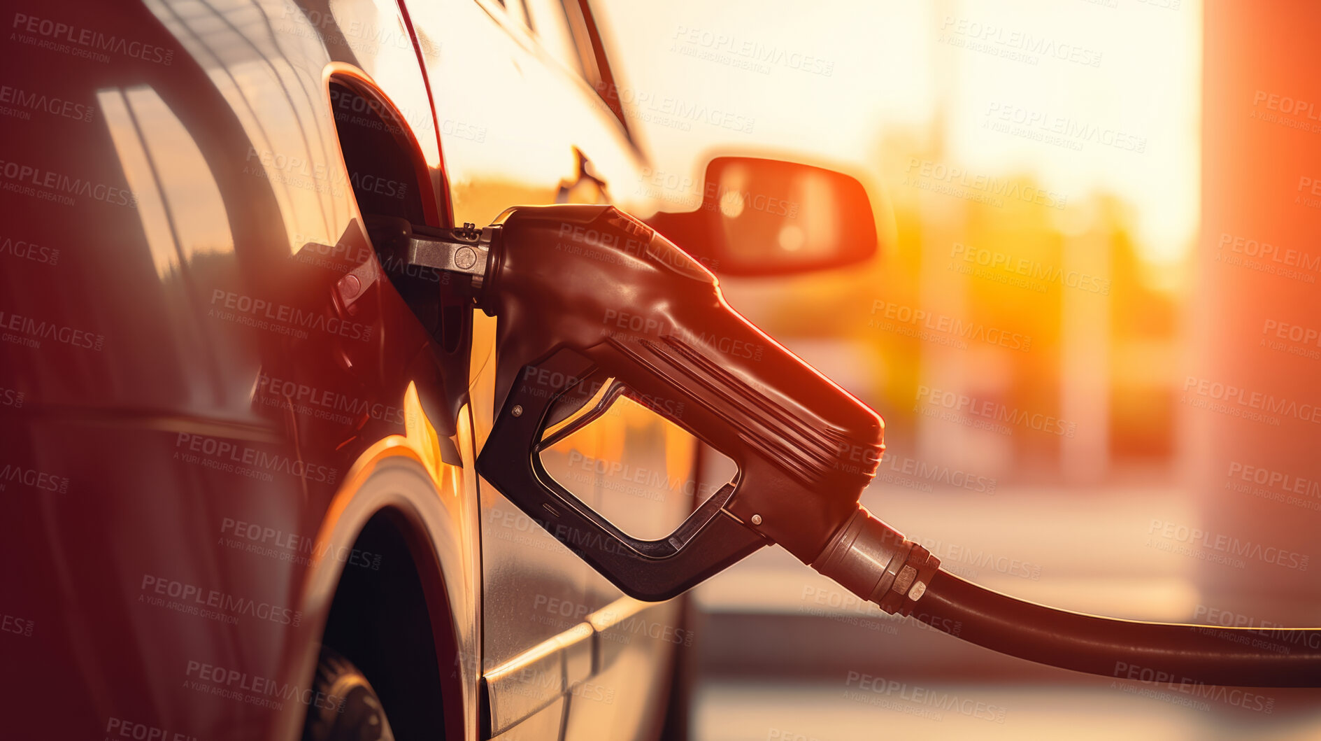 Buy stock photo Fuel pump, gas station and vehicle for gas refill, inflation or finance at local fuel garage. Close-up, flare, and petrol pump nozzle in car or automobile for crisis, gasoline and travelling expenses