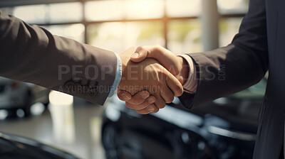 Manager, dealership or handshake for vehicle purchase, sales or agreement in dealership salon. Salesperson, client, close-up or handshake for deal, insurance, finance approval
