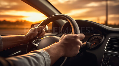Steering wheel, hands and driving for vehicle insurance, safety and travel in a city at sunrise or sunset. Close-up, hands on steering wheel and steering, travelling in the city for tourism, mechanical repair