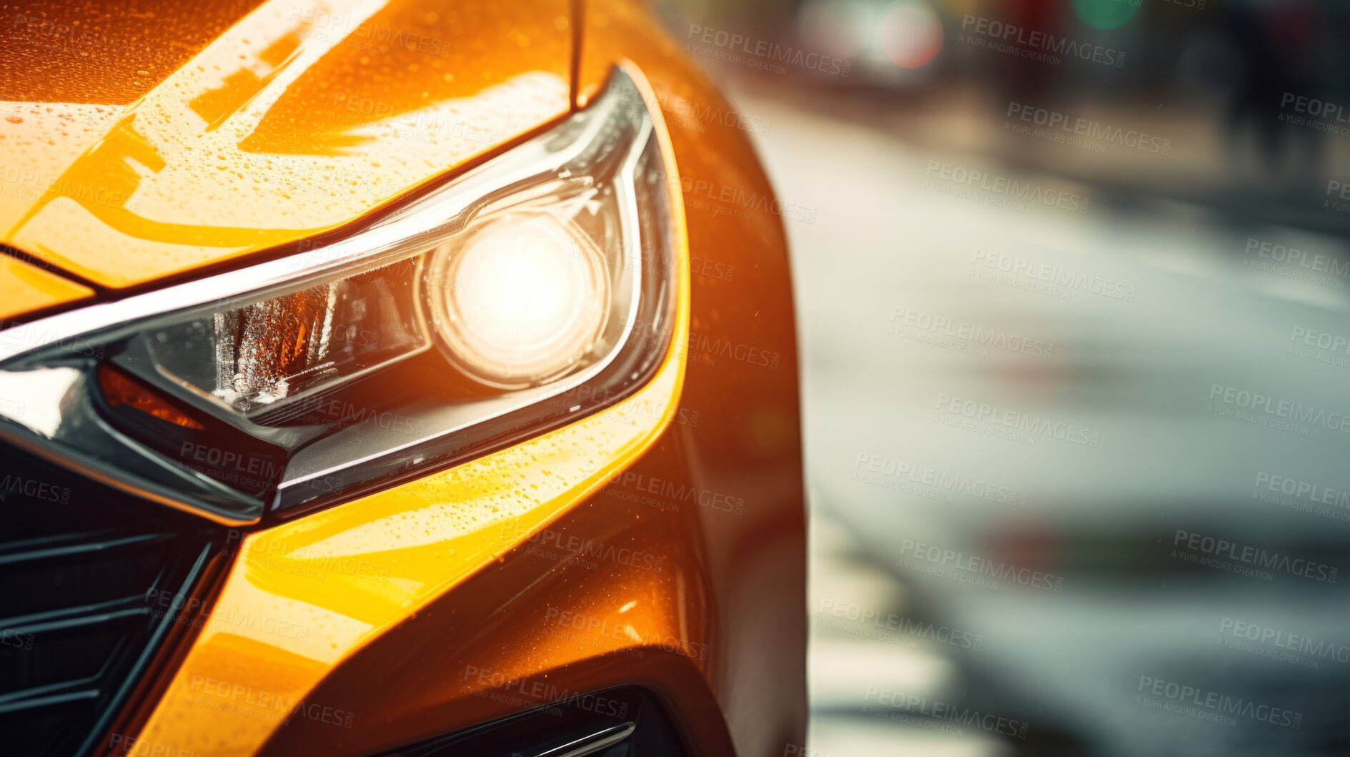 Buy stock photo Headlight, vehicle and car for dealership salon, car sales and service repair in city streets at night. Close-up, lights and bokeh of modern and sleek automobile for ownership, competition or mechanic