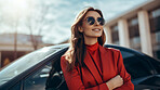 Portrait of woman, car, vehicle for professional, confident and ownership. Face, smile and happy female arms crossed outside car for insurance, service repair and dealership. Automobile industry