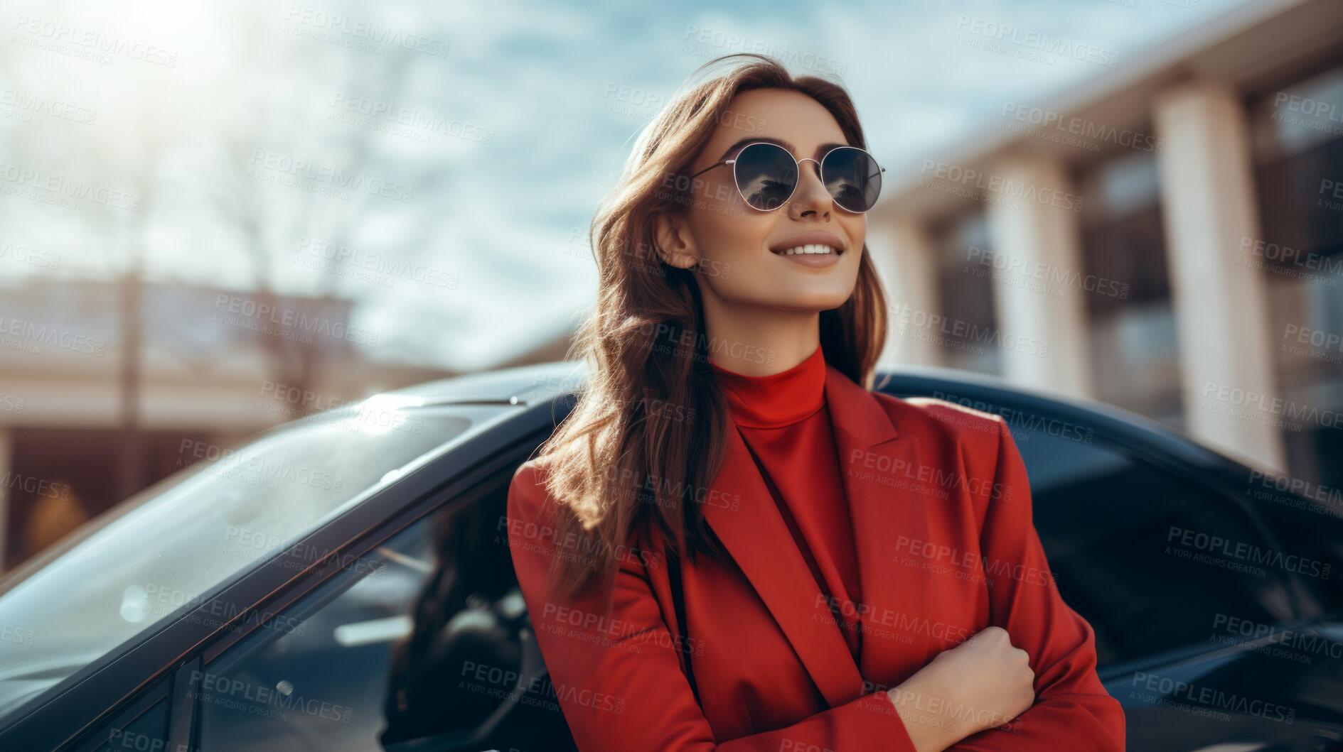 Buy stock photo Portrait of woman, car, vehicle for professional, confident and ownership. Face, smile and happy female arms crossed outside car for insurance, service repair and dealership. Automobile industry