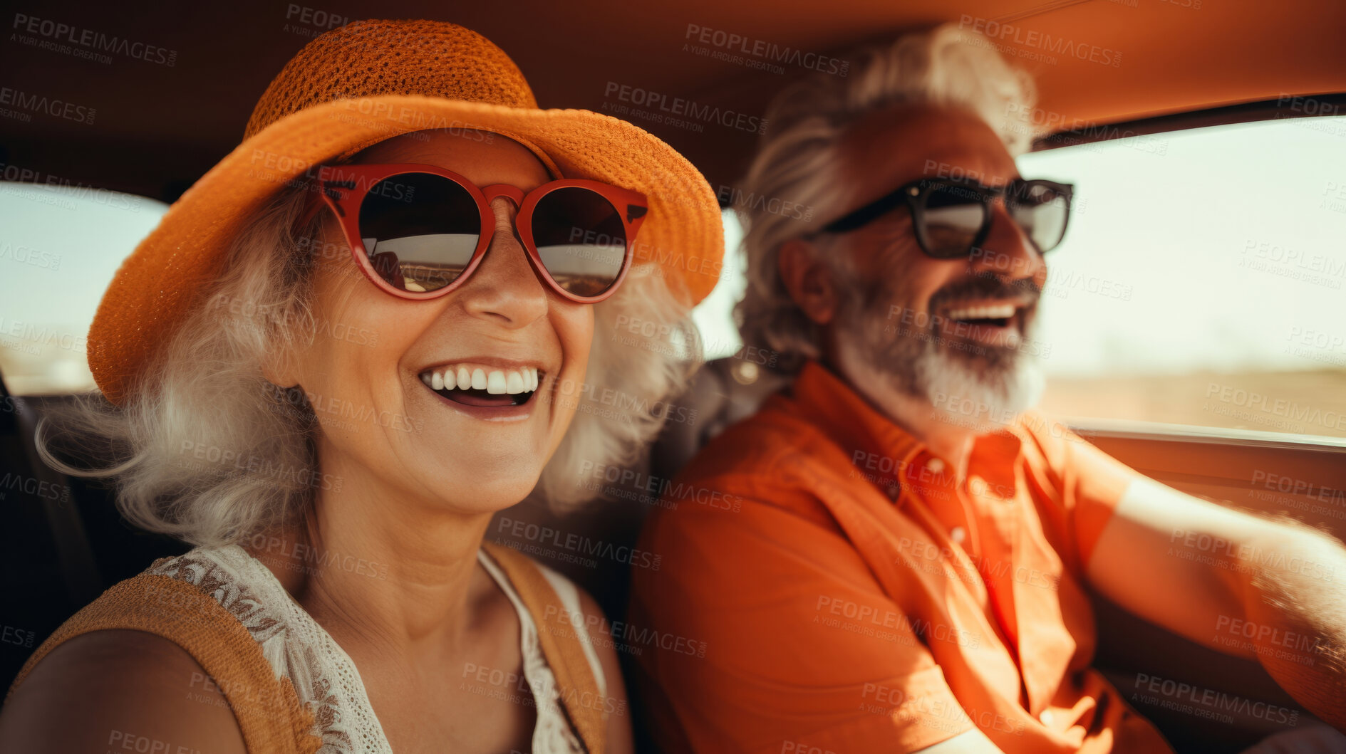 Buy stock photo Portrait of senior couple, driving, vehicle for professional, confident and travelling. Face, smile and happy couple driving car for insurance, service repair and pensioner. Automobile industry