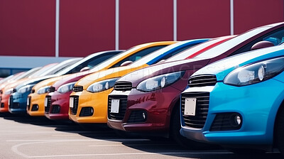 Cars for sale, vehicle or lot for dealership salon in parking or line up. Colorful, model or display of various cars for finance, selling, buyer or insurance of ownership, asset gas inflation
